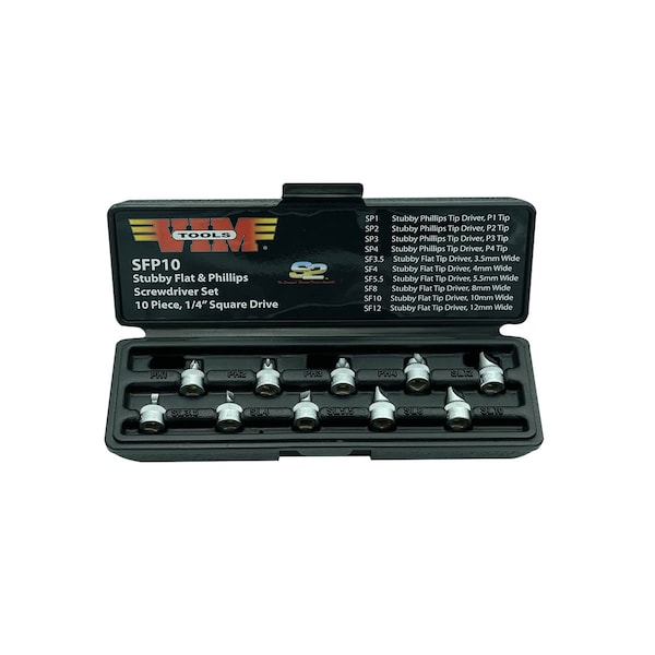 Vim Tools 10 Piece 1/4" Square Drive Stubby Flat and Phillips Drive Set SFP10 - main